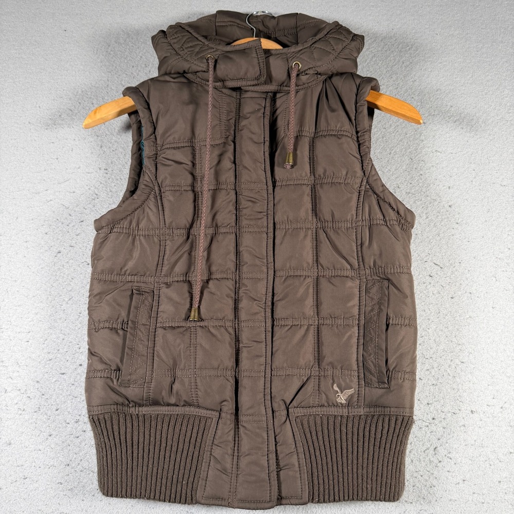 Vintage American Eagle Outfitters Womens Brown Hooded Puffer Vest Teal Lining S‎